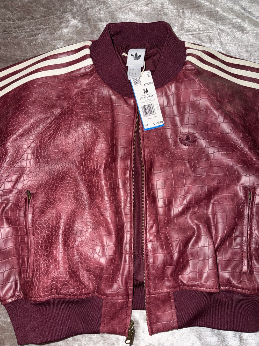 2 PIECE…adidas Burgundy Croc-Embossed Bomber Jacket with matching skirt #SET - Picture 2 of 8